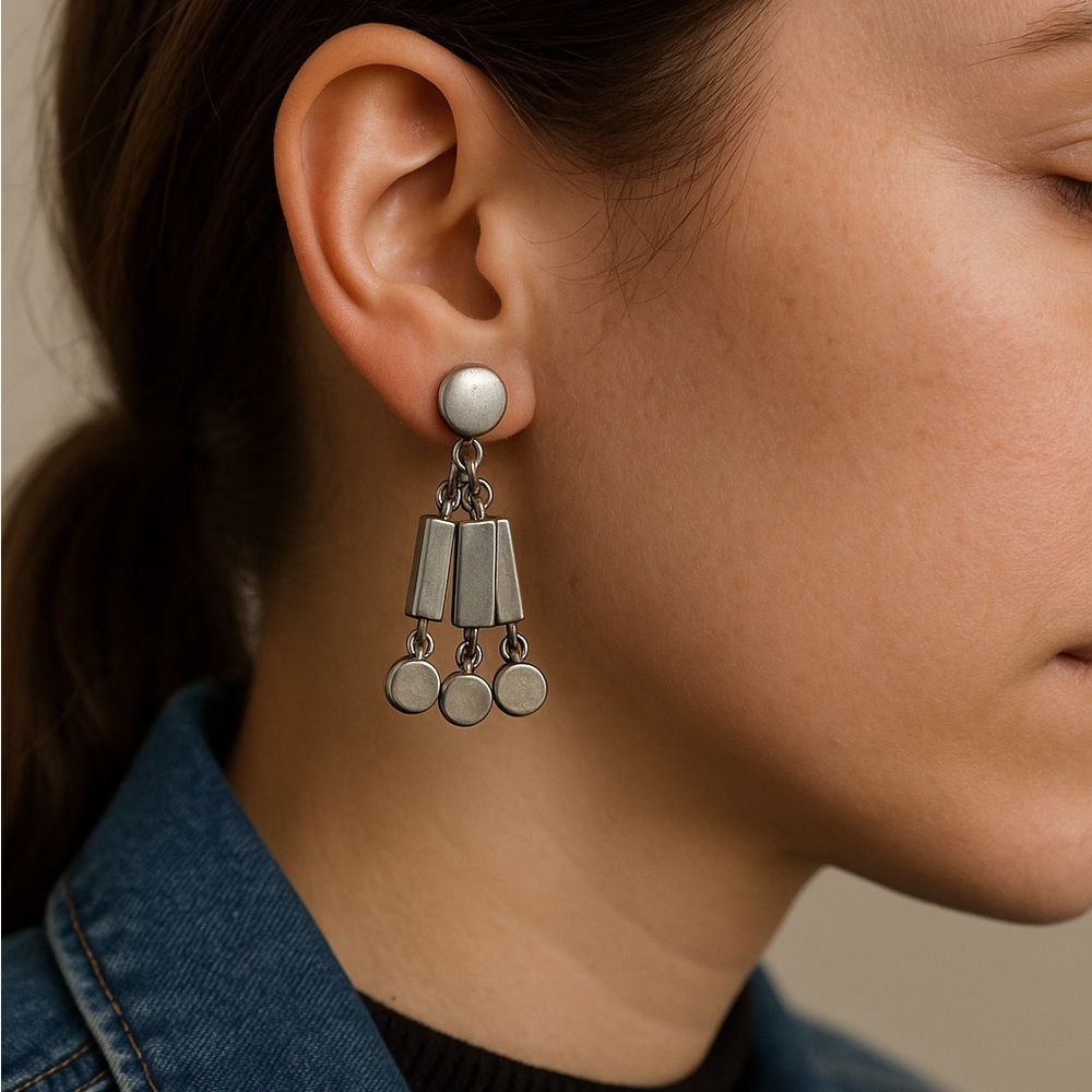 VOGUE Signed Geometric Silver-Tone Clip-On Dangle Earrings  Mid-Century Mod Vibe